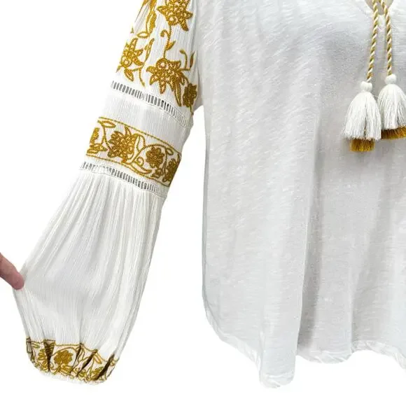 By Anthropologie Aja White Knit Golden Yellow Embroidered Long Sleeve Boho Top - Picture 10 of 15